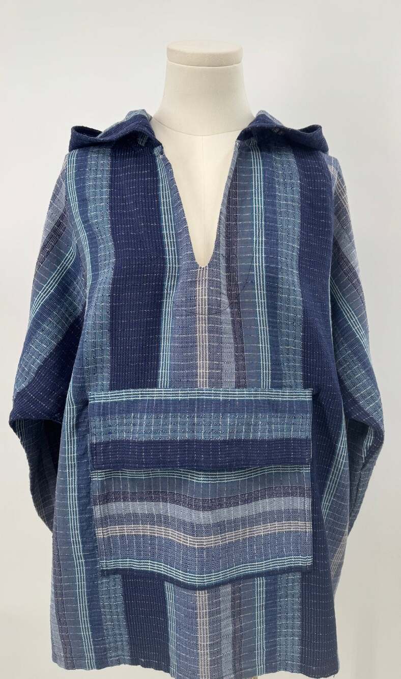 Ace & Jig Blue Stripe Pullover Hoodie Cotton Woven Top with Hood Beach Poncho L